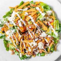 Bbq Chicken · Fresh Romaine lettuce, Pico de gallo, Black beans, Corn tortilla chips and Feta cheese. Topp...