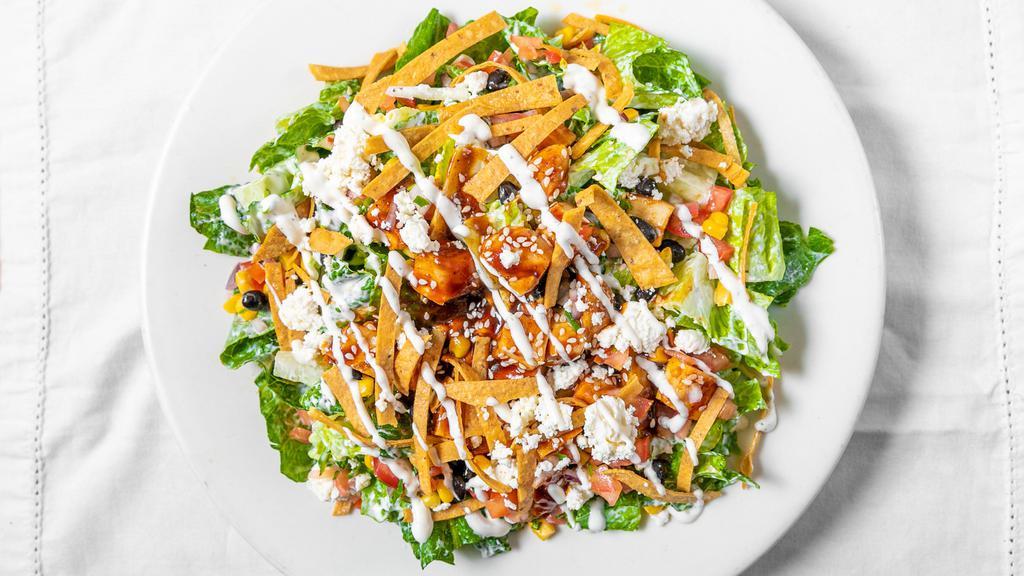 Bbq Chicken · Fresh Romaine lettuce, Pico de gallo, Black beans, Corn tortilla chips and Feta cheese. Topped with BBQ Chicken and Tossed with Ranch Dressing.