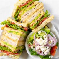 Chicken Club Sandwich · Grilled Chicken Breast, Bacon, Melted Cheese,  Fresh green leaf lettuce, tomatoes, onions, m...