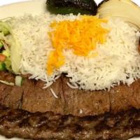 Soltani Kabob · Skewer of tendered filet mignon and ground beef.