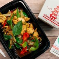 Spicy Basil · Stir-fried Thai dish with basil, chili, red and green bell peppers, onions and green onions ...
