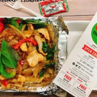 Spicy Drunken Noodles · Spicy. Spicy flat rice noodles pan-fried with fresh chili, garlic, bell peppers, onion and b...