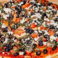 The Greek Pizza (Tomato Sauce, Cherry Tomatoes, Feta, Olives, Basil, Parmesan) · Tomato sauce, cherry tomatoes, feta, olives, basil, Parmesan.