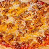 Oinkster Pizza (Tomato Sauce, Pork Sausage, Bacon Bits, Cheddar, Jack Cheese) · Tomato sauce, pork sausage, bacon bits, Cheddar, Jack cheese.