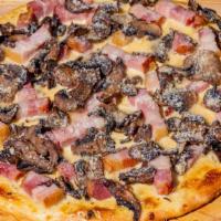Pizza Bianca Carbonara (Alfredo Sauce, Parmesan, Pancetta, Mushrooms) · Alfredo sauce, Parmesan, pancetta, mushrooms.