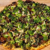 Vegan Pizza (Pesto Sauce, Garlic, Edamame, Mushrooms, Broccoli, Basil) · Pesto sauce, garlic, edamame, mushrooms, broccoli, basil.