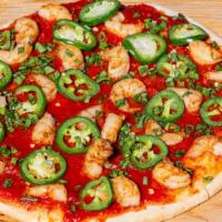 Angry Shrimp Pizza (Tomato Sauce, Grilled Shrimp, Jalapeño, Scallions) · Tomato sauce, grilled shrimp, jalapeño, scallions.
