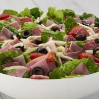 Antipasto Salad (Large) · Mixed greens, tomato, pepperoncini, red onions, black olives with mortadella, salami and moz...