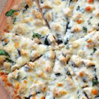 Alfredo Chicken Pizza  · Chicken, fresh garlic, spinach, alfredo sauce, and mozzarella cheese.