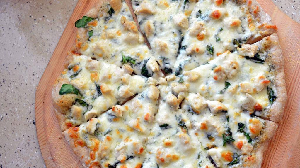 Alfredo Chicken Pizza  · Chicken, fresh garlic, spinach, alfredo sauce, and mozzarella cheese.