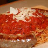 Spaghetti With Italian Sausage · Homemade pork sauce with Italian sausage and pork shoulder over spaghetti.