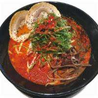 Spicy Miso Ramen/ 辛味噌ラーメン · Soup: special recipe of pork broth, house made miso, mackerel flakes, fish flavored oil and ...