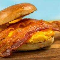 Bacon, Egg N Cheese Bagel · Your choice of bagel, two eggs, crispy bacon and melted cheese.