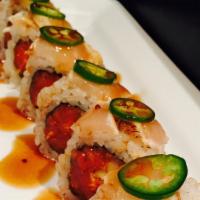 Albacore Special Roll · Albacore and jalapeno on top of a spicy tuna roll.