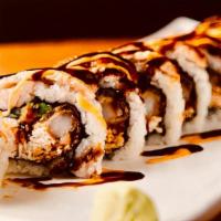 Samurai Roll · in: shrimp tempura, spicy tuna, cucumber, avocado
out: deep fried fresh water eel
sauce: spi...