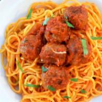Spaghetti & Meatballs · Spaghetti smothered with marinara beef bolognese sauce, topped with Impossible Meatballs, Be...