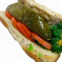 Chicago Style Dog · Hot Dog, Sliced Tomato, Sliced Dill Pickle, Mustard, Relish, Chopped Onion, and Poppy Seed B...
