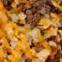 Loaded Fries · Double order French Fries, 4oz of Seasoned Impossible Beef, lots of Grilled Onions, Cheese S...