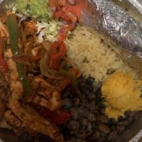 Grilled Fajitas Plate · Fajitas southwest achiote, red and green bell peppers, onions black and pinto beans, rice, c...