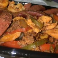 Gumbo Mumbo Platter With Rice · Bell pepper, onion, shrimp, chicken, beef sirloin, and beef sausage.