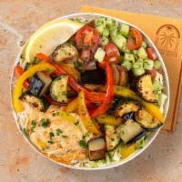 Grilled Mixed Vegetable Hummus Bowl · Grilled eggplant, bell peppers, and zucchini over hummus, diced cucumber and tomato salad, s...