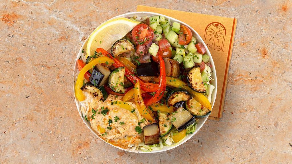 Grilled Mixed Vegetable Hummus Bowl · Grilled eggplant, bell peppers, and zucchini over hummus, diced cucumber and tomato salad, shredded green cabbage and a drizzle of tahini sauce.