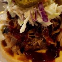 Corn Bread Waffle Sliders (2) · Tri-Tip or Pulled Pork 
Topped with House made Slaw and
 a BBQ drizzle