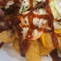 Hog Wild Tots Or Fries · French Fries or Tater Tots, Melted Cheese, . Pulled Pork OR Brisket, Drizzled with . BBQ Sau...