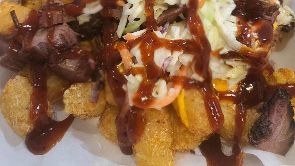 Hog Wild Tots Or Fries · French Fries or Tater Tots, Melted Cheese, . Pulled Pork OR Brisket, Drizzled with . BBQ Sauce & Topped with Coleslaw