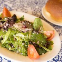 Mixed Green Salad · Organic baby lettuces, tomato and chopped shallots in our shallot-dijon mustard vinaigrette.