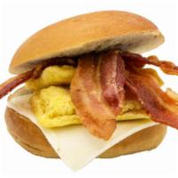 Bacon, Egg & Cheese Bagel Sandwich · Bacon, Fried Eggs, and Swiss Cheese on a Toasted Bagel