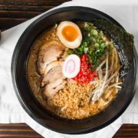 Shio Or Shoyu · Chicken broth, chicken chashu, scallion, bean sprouts, half of a soft boiled egg, nori, naru...