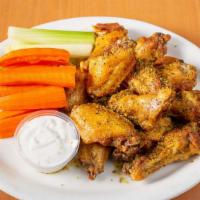 Small - 12 Pieces (Bone In) · Crispy chicken wings dipped in your choice of sauce (choose up to two flavors). Served with ...