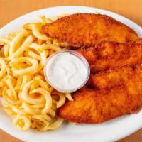 Chicken Tenders · Chicken fillet tenders served with coleslaw, ranch dressing, curly fries.