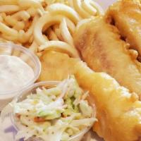 Boston Style Fish & Chips · Battered and deep-fried Atlantic Codfish fillet strips served with a side of tartar sauce, m...