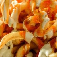 Buffalo Ranch Cheese Fries · Cheese Fries drizzled with buffalo hot sauce and ranch dressing