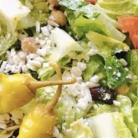 Italian Salad · Organic romaine lettuce, vegan mozzarella, garbanzo, kidney beans, tomatoes, olives & pepper...