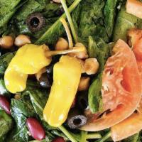 Spinach Lover Salad · Organic spinach, garbanzo, kidney beans, black olives, fresh California grown tomato & peppe...