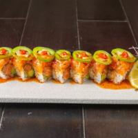 Salmon Special Roll · Salmon avocado roll, Spicy mix Salmon with jalapeno on top