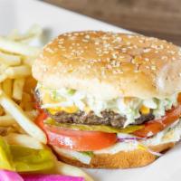 Kenny'S Mediterranean Burger & Fries · Hearty fresh ground patty, creamy American cheese, tomatoes, onions, cabbage, and mayonnaise...