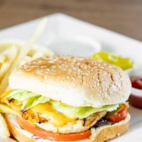 Chicken Mediterranean Burger · Hearty grilled chicken, creamy American cheese, tomatoes, onions, cabbage, and mayonnaise lo...