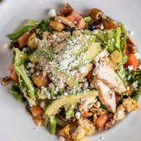 Mighty Roasted Chicken · Dates, walnuts, goat cheese, corn, tomatoes, avocado, house croutons, champagne vinaigrette.
