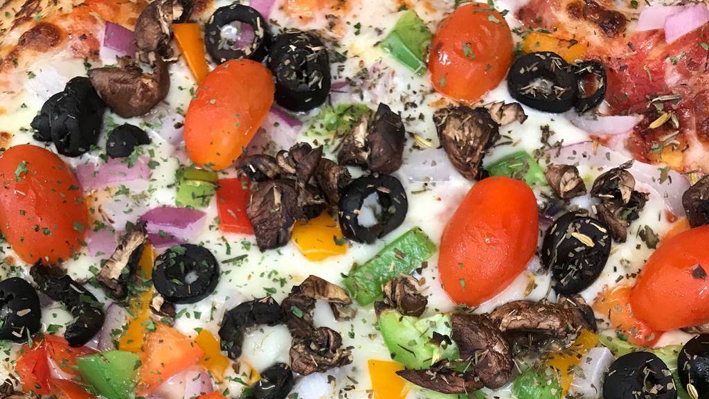 Veggie Lovers · mushrooms, red onions, bell peppers, black olives, fresh tomatoes, cheese