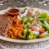 Camarones Rancheros · Plates include rice, beans