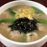 Mandoo Guk · Homemade beef and pork dumplings in a beef broth with glass noodles.