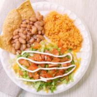 Enchiladas · Chicken or Cheese enchiladas topped with lettuce, tomato, sour cream, side of rice and beans.