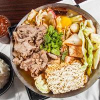 Spicy Beef Pot · Sliced beef, Pork intestine, Taiwanese cabbage, Bean sprouts, Egg, Clam,  Tofu, Pork blood c...