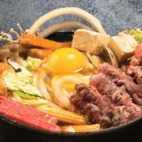 Sukiyaki Pot · Sliced beef, Japanese Udon, Egg, Onion, Napa cabbage, Broccoli, Clam, Baby corn, Fish ball, ...