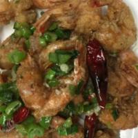 Shrimp With Pepper Salt (Skinless) · Shrimp deep fried to crispy, then stir-fried with salt and pepper on top of shredded cabbage...