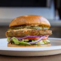 Veggie Burger · Topped with onions, lettuce, tomatoes, pickles and Thousand Island dressing.